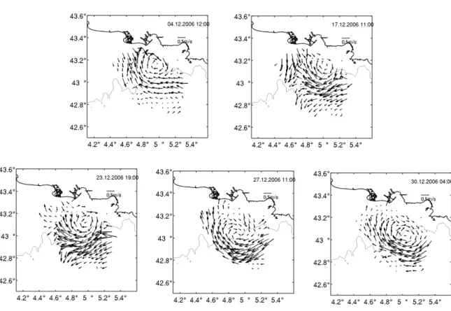Fig. 5.3 – Snapshots of HF-radar surface currents. 130m-isobath is drawn.