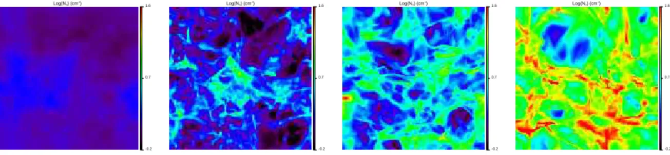 Figure 3.5: Cartes du logarithme de la densité intégrée selon la direction z. La densité initiale n 0