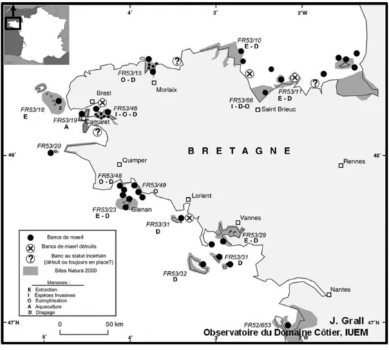 Figure I2-5 : Distribution des bancs de maërl (actuels, détruits et dont la pérennité est incertaine) sur les  côtes bretonnes