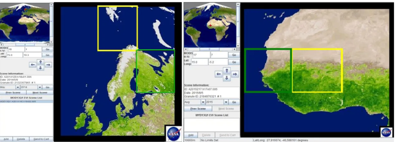 Figure 6 : Plate-forme web USGS GLOVIS utilisée pour le téléchargement des 1440 rasters MODIS  13Q1 (24 images par an, 2000-2015, 4 dalles par région, 2 régions étudiées – Nord Scandinavie, 