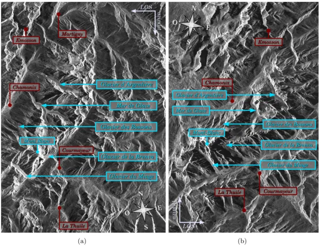 Figure 1.8 – Positions des principaux glaciers du massif du Mont Blanc dans les images TSX SM simple polarisation : (a) trajectoire descendante (image &#34;preview&#34; de la série SM-D1 datant du 29/09/2008) et (b) trajectoire ascendante (image &#34;previ