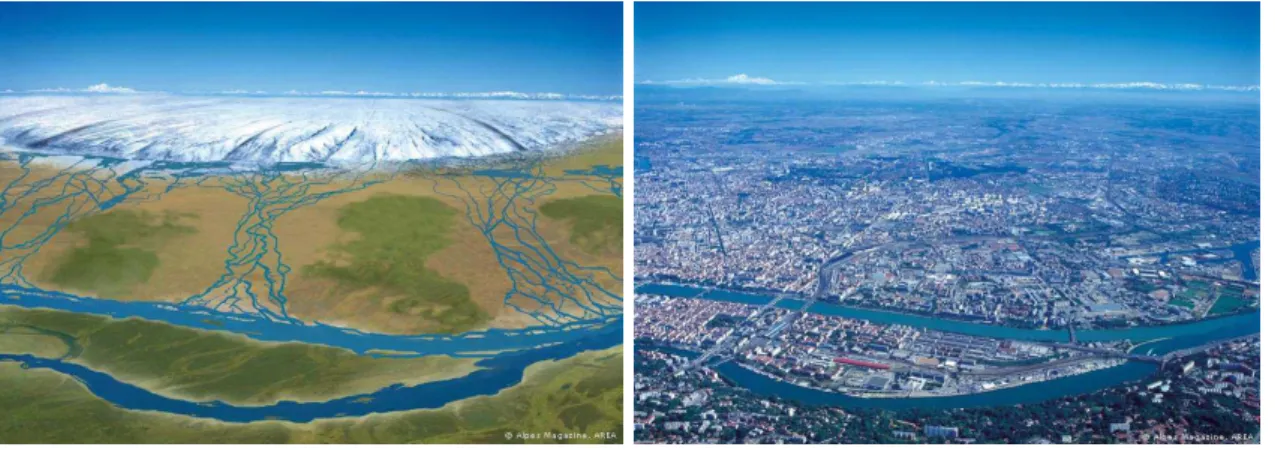 Figure 2.5 – Illustration de la dernière période glaciaire du Quaternaire, le Würm. (a) Glacier des Alpes aux portes de la ville de Lyon