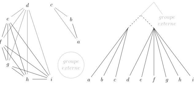 Figure 4.3. Déroulement de l’algorithme OneTree (suite). On s’intéresse ici uniquement aux taxons a à i, qui formaient une des composantes connexes du graphe de l’étape précédente.