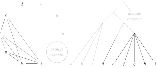 Figure 4.4. Déroulement de l’algorithme OneTree (suite). On s’intéresse ici aux taxons d à i.