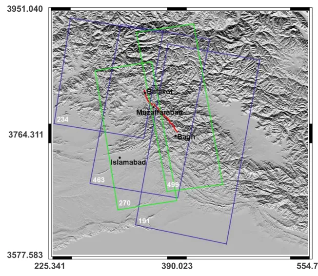 Figure 5.1. Localisation des données cosismiques du séisme du Cachemire (2005). La ligne rouge représente la trace de la faille Balakot-Bagh activée lors du séisme