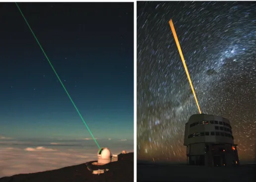 Figure 1.13 – A gauche, étoile laser de type Rayleigh au WHT. A droite, étoile laser de type Sodium au VLT.