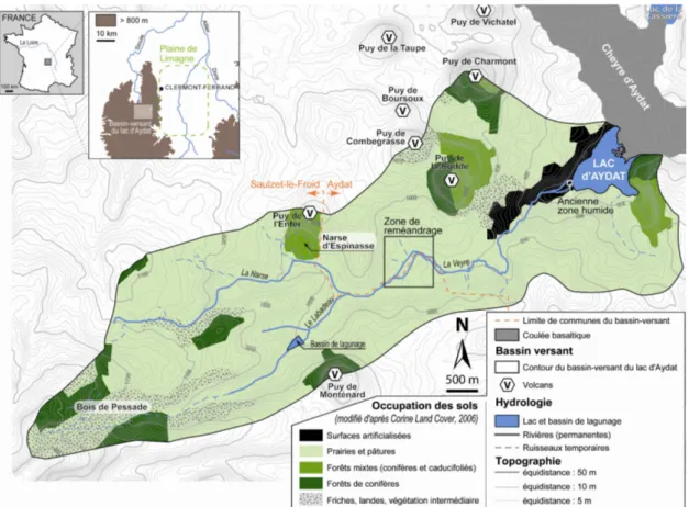 Fig. 2.1  Localisation du bassin-versant du lac d'Aydat et des lieux et objets abordés au cours de ce travail