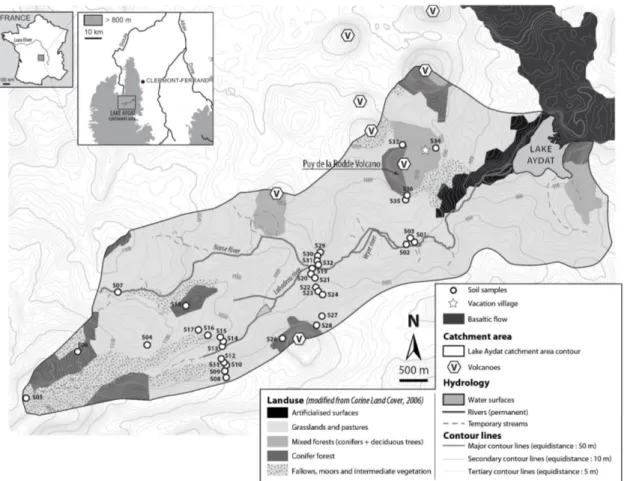 Fig. 3.1  Location of the catchment of Lake Aydat; volcanic context, topographic map of the catchment, landuses and location of the sample sites.