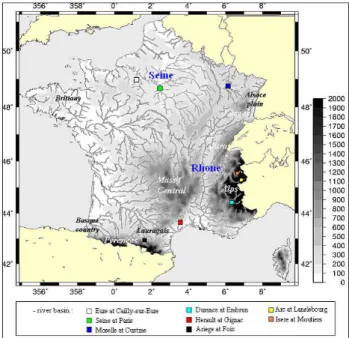 Figure 1. Orography (m), hydrographic network over France, and location of gauging stations for 4 