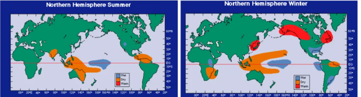 FIG. 1.7 Cartes schématiques des impacts d’El Niño dans le monde [NOAA, source : 