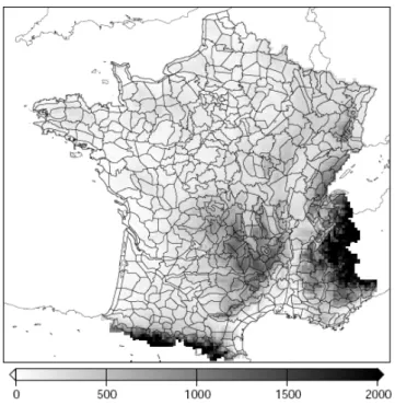 FIG. 3.6 Carte des zones SAFRAN et altitude des mailles ISBA (m) en France
