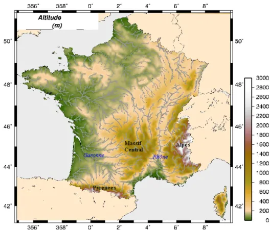 FIG. 3.13. Carte montrant l’altitude (m) ainsi que les principaux reliefs (noir) et grands bassins  (bleu) influencés par la fonte des neiges en France