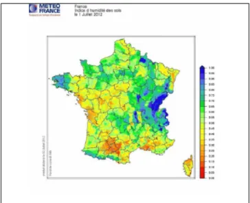 FIG. 3.18. Représentation spatiale des SWI en France au 1 er  Juillet 2012, utilisé dans le bulletin du  suivi hydrologique nationale 