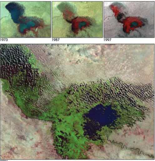 Figure 1.2. Rétrécissement du Lac Tchad. Source NASA 2001, images Landsat  I.5.3- Climat, pluviométrie et végétation 