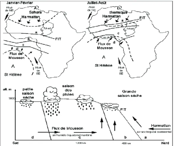 Figure 1.7. Schéma des principaux flux de masse d’air en Afrique de l’ouest et coupe nord  sud de la troposphère avec la localisation des zones pluvieuses au sol