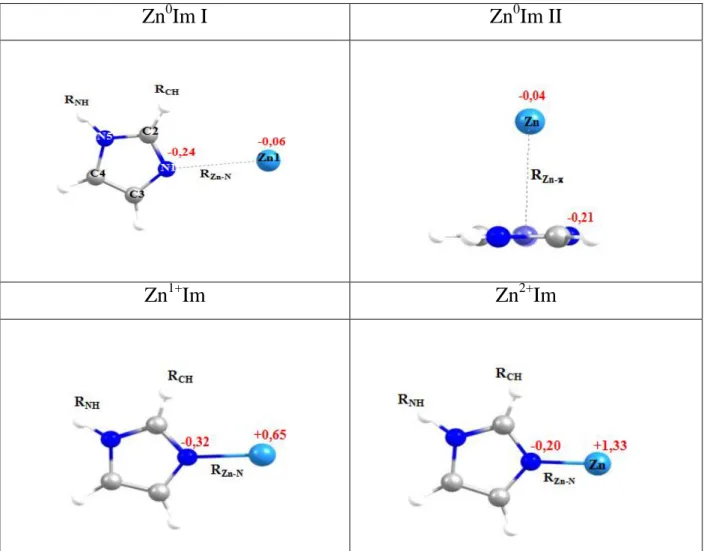 Figure 2.1 : Structures d’équilibre optimisées des complexes Zn q+ Im (q= 0, 1,2). En rouge, nous  donnons  aussi  les  charges  atomiques    de  l’atome  de  zinc  (Zn)  et  de  l’azote  protoné  (N1)  de  la  molécule d’imidazole (Im) calculées au niveau