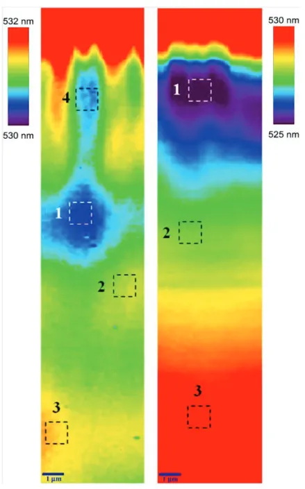 Figure II.6. Spatial distribution of PL band center-of-mass position in LGSO:Ce  (left), LSO:Ce (right)