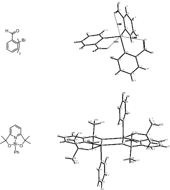 Figure 7 : Structures cristallographiques du tris(o-formylphenyl)bismuth et d’un  monoarylbismuth(III)bisalcoolate complexé par une pyridine intramoléculaire 