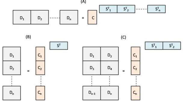 Figure 2-3 : Différents types de concaténations de matrices en modélisation multi- multi-expériences  –  (A) augmentation en ligne, (B) en colonne et (C) en colonne et en ligne