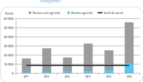 Graphique 14 Part des revenus agricoles et non agricoles dans le revenu total de six types de familles rurales à Mandlakhazi et Nwadjaheni 60 000Rands 50 000 40 000 30 000 20 000 10 000 0 SP1 SP2 SP3 SP4 SP5 SP6