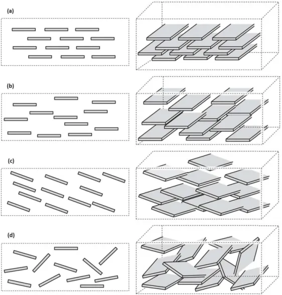 Figure  3:  Example  of  possible  arrangement  of  schematic  platelet  particles  into  2D  and  3D  nanocomposite  structures  considered  in  analytical  tortuosity-based  models;  the  particle  should be considered as either lamellae or ribbon (with 