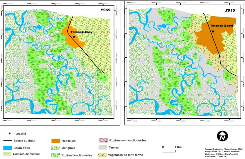 Figure 9 :  Dynamique des unités paysagères du terroir rizicole villageois de Thionck-Essyl entre 1969 et en  2015