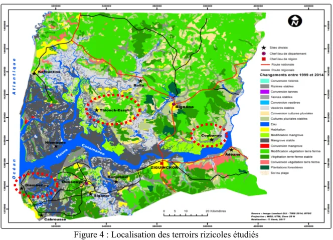 Figure 4 : Localisation des terroirs rizicoles étudiés 