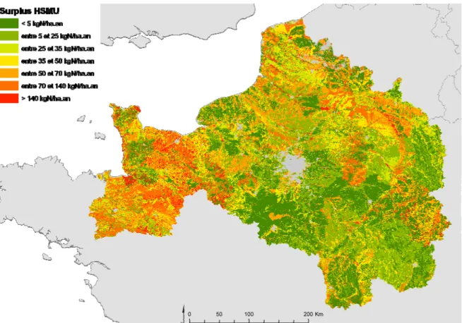 Tableau 2. Estimation des surplus d’apport azoté aux sols agricoles (en kgN/haSAU/an) par département,  selon NOPOLU (aimablement communiquées par G