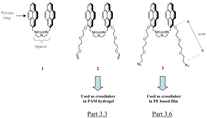 Figure 3.2: Chemical structure of the bispyrene derivatives 1, 2 and 3: compounds 2 and 3  are dedicated to be used in Poly(acrylamide) (PAM) hydrogels and Polyelectrolytes (PE)  based films respectively
