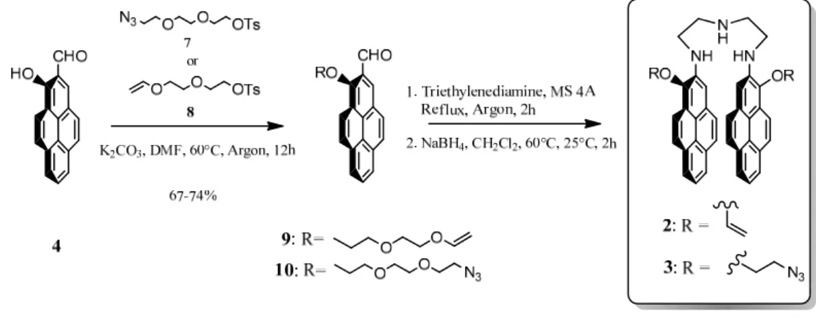 Figure 3.5: Synthesis of the bispyrenes 2 and 3 from the disubstituted precursor 4. 