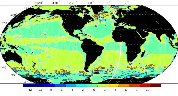 Figure 12: Mean wind stress curl, ( x= ) r ; in Sverdrups, averaged over 5 of latitude and longitude.