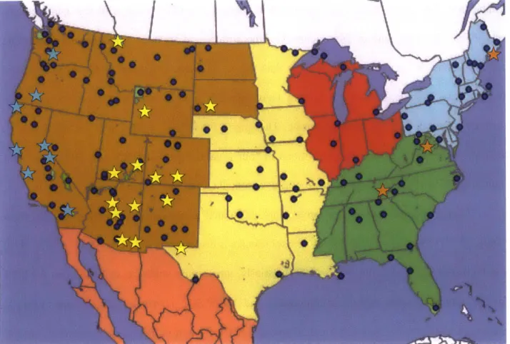 Figure  1:  All  IMPROVE  Network  locations.  Sites  included  in  this  study  are  marked  with  a star, where  the  color  of the  star  represents  the  division  made  in  this  work  to  represent  the  Western states  (blue),  mid-US  states  (yell