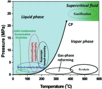 Figure 1.  3 Diagramme de phase de l’eau indiquant les régimes de température et de  pression des différents procédés de conversion de la biomasse et de produits biosourcés 18
