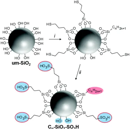 Figure 31 : Illustration schématique de la synthèse de nanoparticules acides à base de silice, C n -SiO 2 - -SO 3 H (n = 3, 8 or 18)