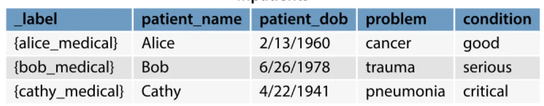 Figure 4-1: The Inpatients table is an example of sensitive, labeled tuples stored in a database