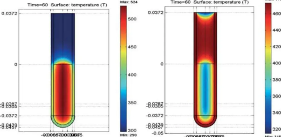Figure  17  :  Profil  de  température  après  1  min  de  chauffage  d’un  réacteur  exposé  à  des  micro-ondes  (à  gauche) ou chauffé dans un bain d’huile (à droite)