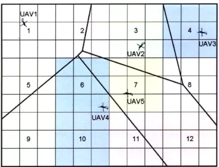 Figure  5-2:  Voronoi  regions  for  agents  searching  an  environment Table  5.1:  Corresponding  zones for  a five  agent  fleet