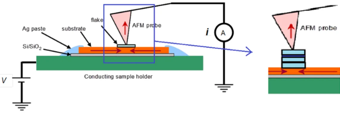 Figure 44: Schéma de principe de l’AFM Résiscope et de mesure de la résistance. 