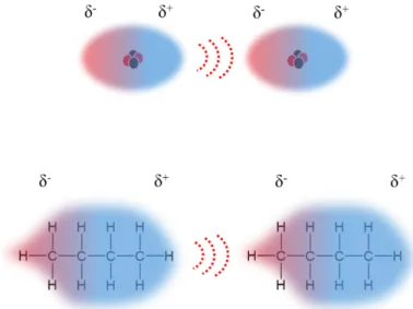 Figure  1-14.  Schematic  representation  of  the  London  dispersion.  Top  for  a  monatomic  particle,  bottom  for  a  hydrocarbon 