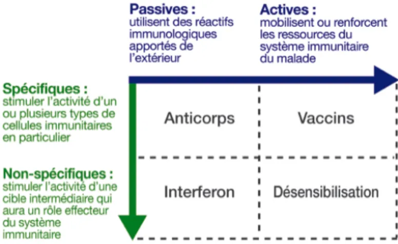 Figure 18 : Différents types d’immunothérapies. La désensibilisation n’est pas utile dans la lutte contre les  cancers (Leem, 2012, www.leem.org)