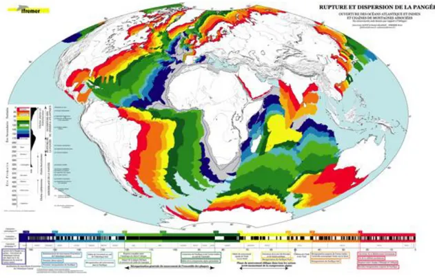 Figure 1 : Cassure et dislocation de la Pangée. Chaque couleur représente la position des plaques à une  période dont l’âge est donné par l’échelle des temps géologiques