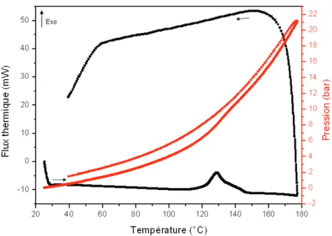 Figure 3-15: Thermogramme du HKUST-1 avec une vitesse de chauffe de 0,1°C/mn (expérience 4) 
