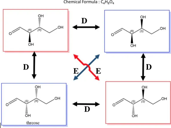 Figure  1.11.  Relation  between  the  four  stereoisomers  of  threose  with  two  stereogenic  centres  (D  for  diastereomer pairs and E for enantiomer pairs) of threose