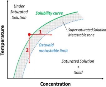 Figure  I-7:  Solubility  curve  (green  solid  line)  of  a  compound  in  solution  and  Ostwald  limit  (blue  dashed line)