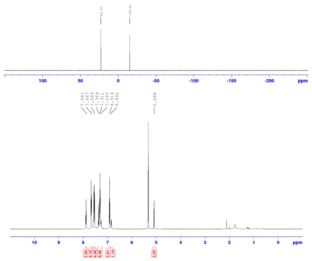 Figure II-16 : Spectres RMN  31 P (en haut) et   1 H (en bas) de la phosphine phosphonium II- II-56a 