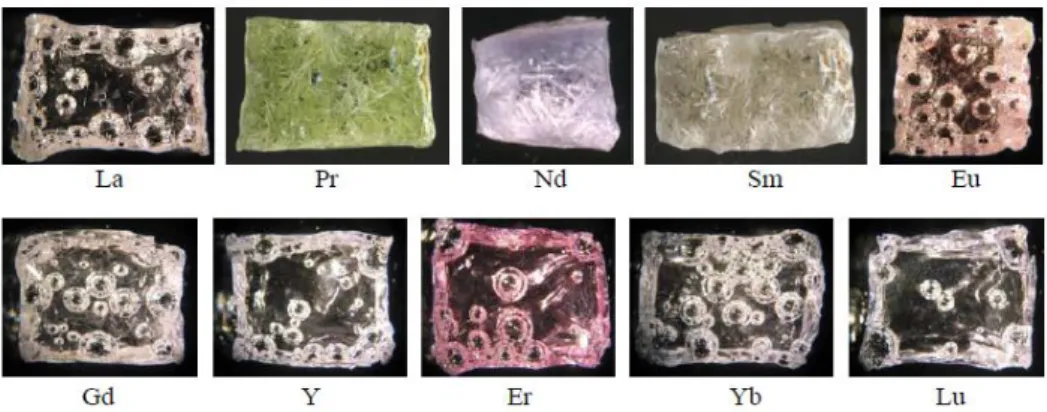 Figure 22 : Observations macroscopiques de la série de verres SiO 2  – B 2 O 3  – Na 2 O – Al 2 O 3  – CaO – ZrO 2