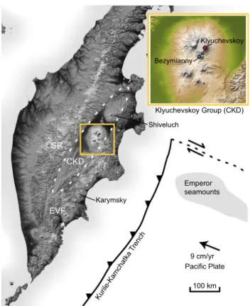 Fig. 1   Tectonic map of the Kamchatka Peninsula showing the loca- loca-tion of the Klyuchevskoy group of volcanoes within the Central  Kam-chatka Depression—CKD