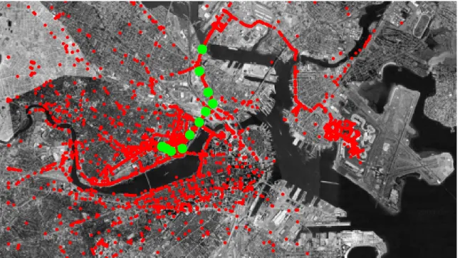 Figure 3-1: A small set of the raw GPS data points (red) and a single trajectory (green) used to learn our model.