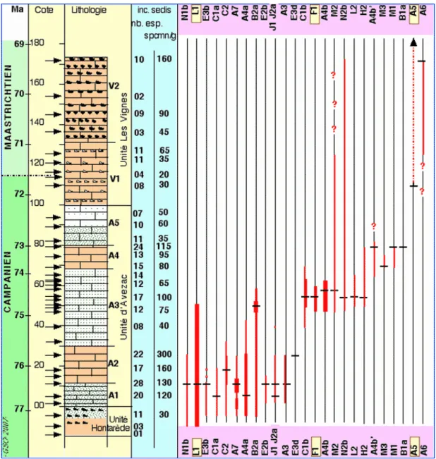 Figure 1 : Distribution des microproblematica les plus significatifs au plan stratigraphique dans la Grande Carrière de  Tercis (Aquitaine, stratotype de limite Campanien-Maastrichtien), gilianelles et autres microproblematica (codes  encadrés)