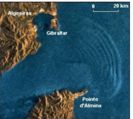 Figure 1.1: Image du satellite ERS-1 montrant des ondes internes se propageant dans le détroit de Gibraltar